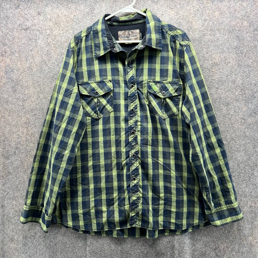 Reeltree Shirt Men 2XL Green Black Plaid Check Western Pearl Snap  XXL Outdoors